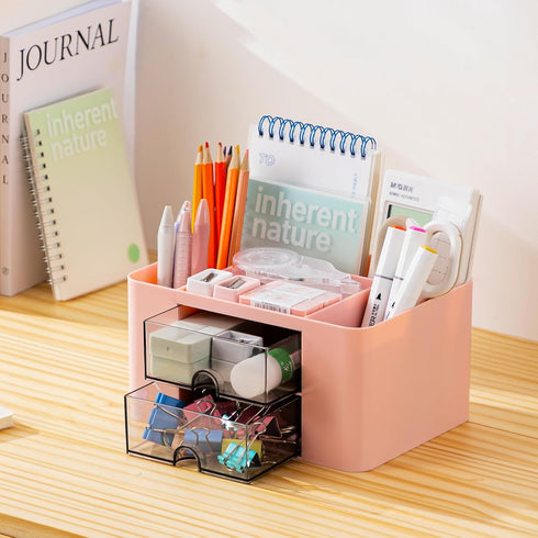 Desk Organizer with 2 Drawers, Office Supplies Organizer for Desk, Cute Desk Accessories with Plastic, Pen Holder for Desk Countop, Pink...