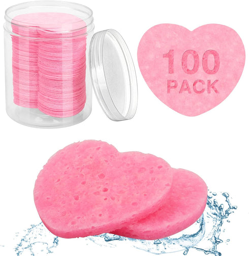 100 Pieces Compressed Facial Sponges for Estheticians, Pink Heart Face Sponges for Cleansing and Exfoliating Natural Reusable Sponges for Facials ...