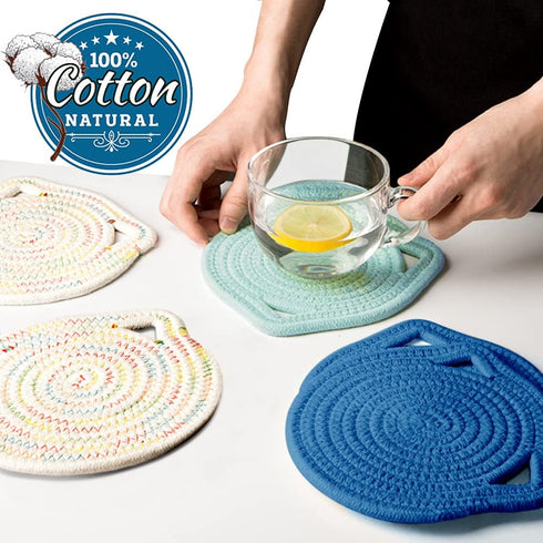 7" Cotton Trivets Set, 3Pcs Cute Cat Ear Pot Holders Woven Hot Pads Mats Thick Heat Resistant for Hot Pots and Pans Round Hot Plate Holder Washabl...