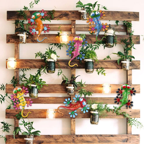 hogardeck Metal Gecko Outdoor Wall Decor, 6 Pack Lizard Wall Art Garden Sculptures & Statues with Free-adjustable Head Outdoor Spring Decor for Fr...
