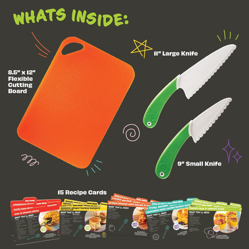 MasterChef Junior Knife and Cutting Board Set - Includes Real Cutting Tools for Kids and 15 Cooking Childrens Baking Recipes - Great for Homemade ...
