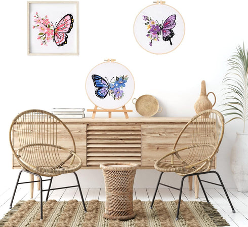 LB Butterfly Embroidery Kit for Beginners Adults, 3 Sets Hand Embroidery Starter Kit with Flower Pattern and Instructions Stamped Cross Stitch Kit...