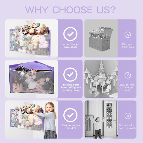 ANROYE Large Corner Stuffed Animal Storage, Kids Plushies Toy Purple Wall Hammock for Girls Room, Baby Squishmallow Holder for Nursery, Organizer ...