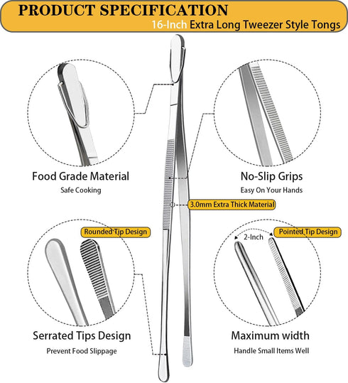 JETKONG 2 Pcs 16-Inch Kitchen Tweezers Extra Long Tweezer Tongs, Heavy Duty Stainless Steel Cooking Tweezers (Silver)...