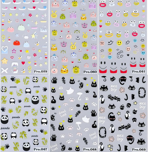 6 Sheets Nail Art Sticker Decals 5D Embossed Nail Art Supplies Self-Adhesive Nail Art Decoration Cartoon Monsters Black Cats Panda Design Manicure...