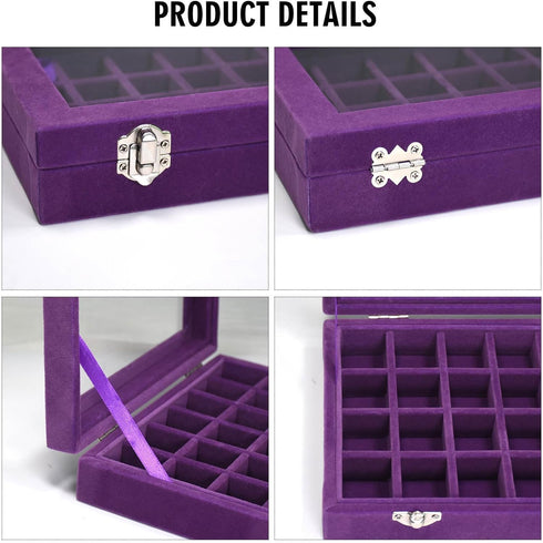 Velvet Jewelry Box 24 Grid Jewelry Ring Display Organiser Box Tray Holder Earrings Storage Case for Girls Wife Mom Women (Purple)...