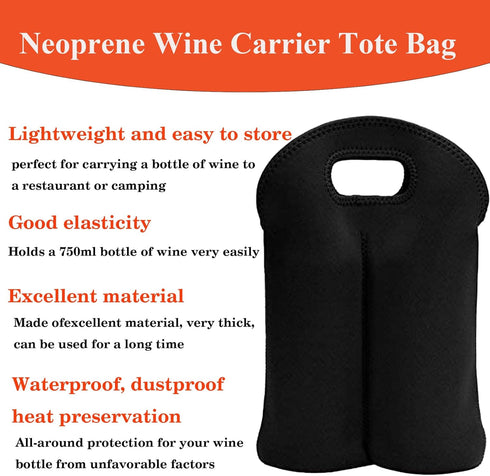 2 Bottle Wine Bag Tote Gift Bag, Neoprene Wine Carrier Tote Bag, Wine Bag for Wine Bottle, Beer Bottle and Water Bottle, Wine Gift Bag for Restaur...