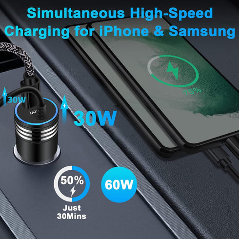 60W Super Fast Charging Android Car Charger Type C Rapid Samsung Car Charger with 3ft Built-in USB C Cable for Samsung Galaxy S24 Ultra S23 FE S22...