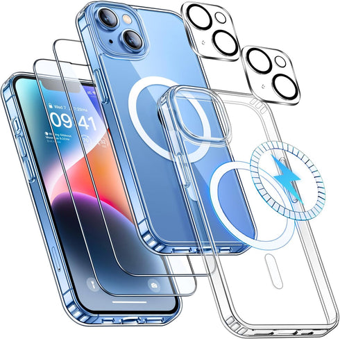 CANSHN Clear Magnetic for iPhone 13 Case and iPhone 14 Case, Compatible with Magsafe, with 2 x Screen Protector+ 2 x Camera Lens Protector, [Not-Y...