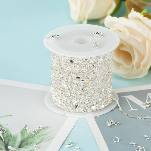UMAOKANG 32.8 Feet Silver Chain for Women Necklace Bracelet DIY Jewelry Supplies Twist Curb Embossed Sequin Silver Plated Brass Chain Roll...