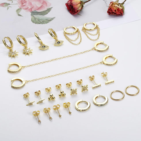 IRONBOX 12Pairs 14K Gold Plated Huggie Hoop Studs Earrings Set for Women Small Dainty Minimalist Chain Earrings Cartilage CZ Ball Earrings Sets fo...
