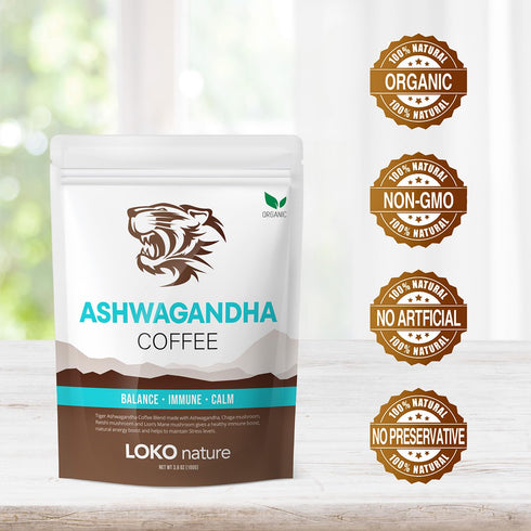 LOKO nature Tiger Ashwagandha Mushroom Instant Coffee with Arabica | Powerful Natural Ingredients Reishi, Chaga & Lion's mane | Adaptogen, Vegan, ...