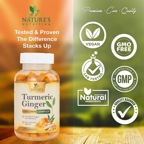 Turmeric Curcumin & Ginger Gummies 95% Curcuminoids with Black Pepper Extract for Max Absorption Joint Support, Nature's Tumeric Herbal Extract Su...
