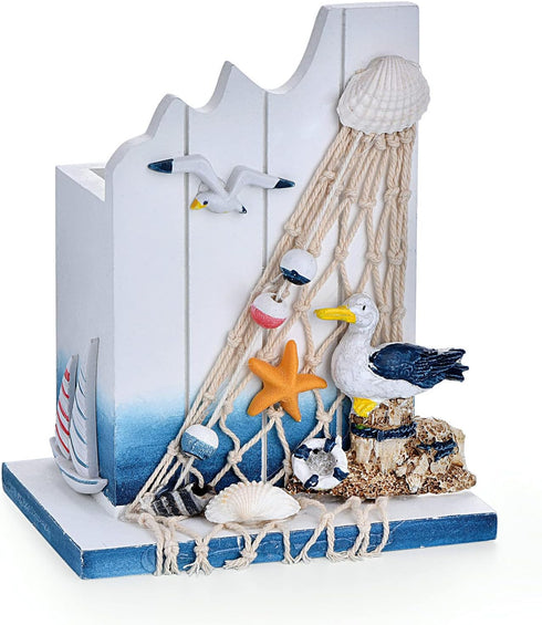 Nautical Wooden Pen Holder- Handcrafted Ocean Beach Sea Birds Mediterranean Theme Makeup Brush Organizer Ornaments-Coastal Stationery Gift...