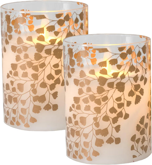 LumaBase Battery Operated LED Glass Candles with Flickering Flame, Gold Fern - Set of 2...