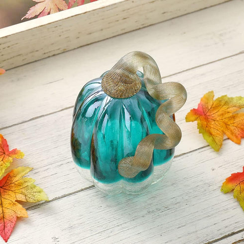 Glitzhome Hand Blown Crackle Glass Pumpkin Elegant Table Accent for Fall Harvest & Thanksgiving Decorating Turquoise 5.52 Inch...
