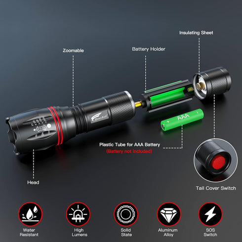 HAUSBELL LED A100 Flashlight Bright, Zoomable Tactical Flashlights Flash Light with 2000 High Lumens and Five Modes for Emergency and Outdoor Use ...