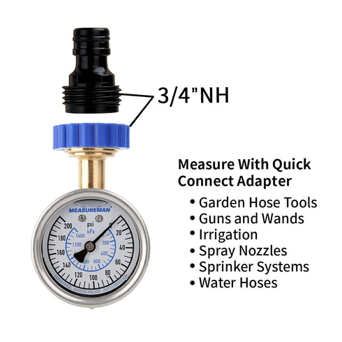 MEASUREMAN 2-1/2" Water Pressure Gauge Kit 6 Parts Kit, Lead-Free Brass, 2-1/2" dial, 0-200 Psi?Glycerin Filled,3/4" Hose Thread, Plus 5 Adapters...