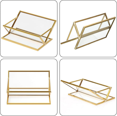 Hipiwe Glass Business Card Holder for Desk, Golden Metal Frame Business Card Display Stand for Office Reception Exhibition Meeting Desktop Organiz...