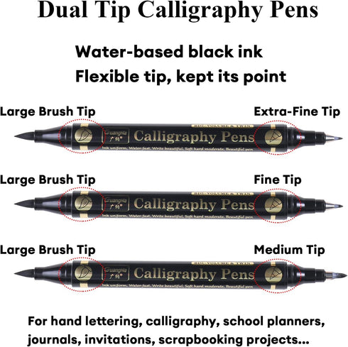Dual Brush Calligraphy Pens Black Hand Lettering Pens for Beginners Writing, Art Drawing, Sketching, Illustration, Scrapbooking, Journaling, Doubl...