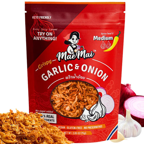 MaeMai Medium Spice (SPICY) - Crispy Onions & Garlic Flakes - Crunchy All-Purpose Seasoning, Keto, Salad Toppings, Fried Onions - Ramen, Rice Seas...