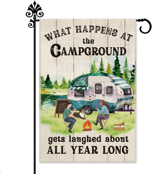 What Happens at Campground Get Laughed Garden Flag, 12 x 18 Inch Holiday Yard Outdoor Farmhouse Lawn Decoration Flag, RV Campground Bonfire Campin...