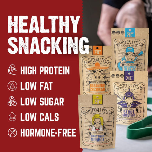 Righteous Felon Beef Jerky Variety Pack | Gluten Free Snack Packs for Adults | High Protein, Keto, Low Sugar | Made with Premium Meats | Gifts for...