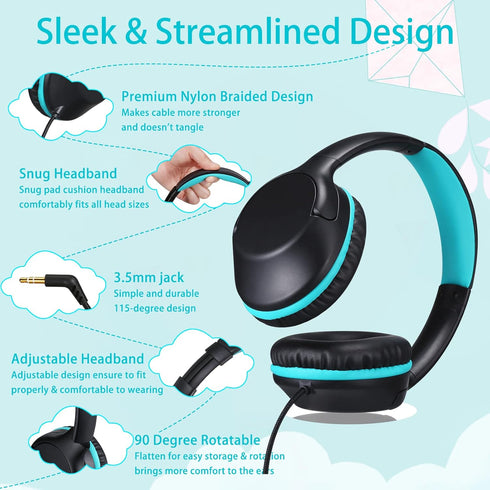 POWMEE Kids Headphones Over-Ear Headphones for Kids/Teens/School with 94dB Volume Limited Adjustable Stereo 3.5MM Jack Wire Cord for Fire Tablets/...