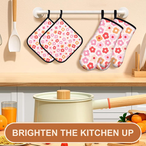 Oven Mitts Pot Holders Set 4 PCS for Kitchen, Heat Resistant Hot Pads Mittens Gloves for Cooking Grilling Baking BBQ Cute Flower Pot Holders Cook ...