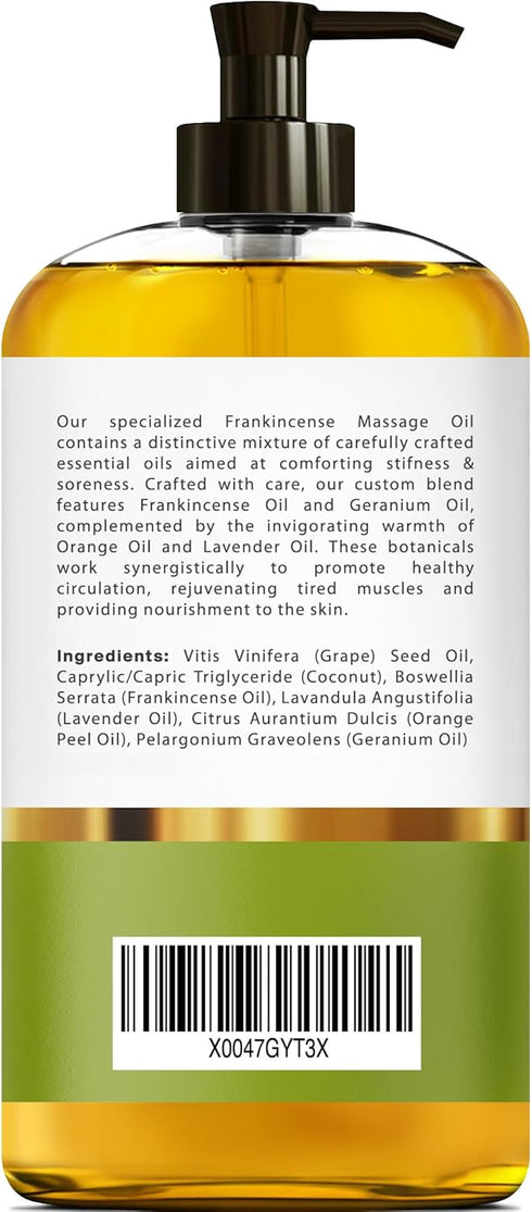 Frankincense Massage Oil – 100% Pure & Natural - Massage Therapy Oil for Soreness & Stiffness – Stretch Marks and Scars Body Oil Infused with Fran...