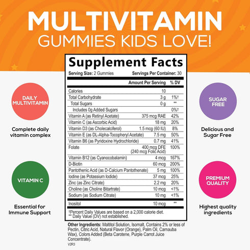 Nature's Nutrition Vitamins for Kids Multivitamin Gummies, Kids Vitamins Gummy Sugar Free, Vitamin C, B6, B12, D3 & Zinc for Children's Immune Sup...