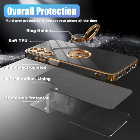 for Galaxy A15 5G Phone Case,+Screen Protector,with Magnetic Kickstand,Built-in 360° Rotation Ring Holder,Plating Gold Edge Slim Soft TPU Shockpro...