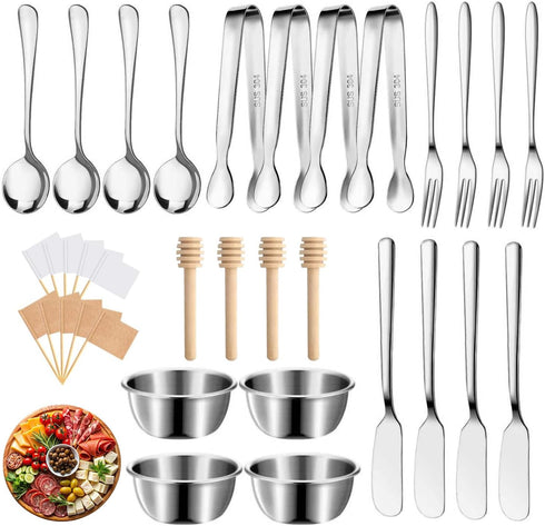 34PCS Cheese Butter Spreader Knives Set, Charcuterie Board Accessories, Charcuterie Boards Gift Set Stainless Steel Knife, Fork, Spoon, Tongs, Bow...