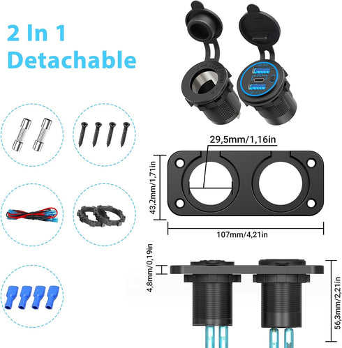 Cigarette Lighter Socket 12 Volt Plug,Qidoe Dual Quick Charger3.0 and PD 20W Waterproof 12 Volt USB Outlet with 150W 12V Cigarette Socket Panel fi...