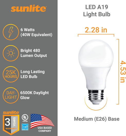 Sunlite LED A19 Light Bulb, 6 Watts (40 Watt Equivalent), 480 Lumens, 120 Volts, Dimmable, Medium E26 Base, Energy Star, UL Listed, RoHS, 6500K Da...