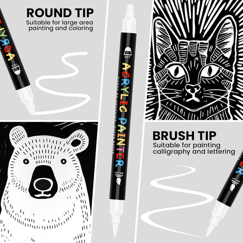 White Paint Marker, 8 Pack Dual Tip Acrylic Paint Pens with Medium Tip and Brush Tip, Ideal for Wood, Rock Painting, Canvas, Stone, Glass, Ceramic...