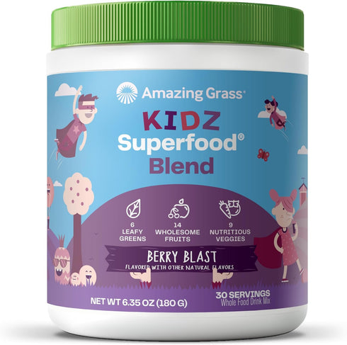 Amazing Grass Kidz Superfood: Organic Greens, Fruits, Veggies, Beet Root Powder & Probiotics for Healthy Kids, Berry Blast, 30 Servings...