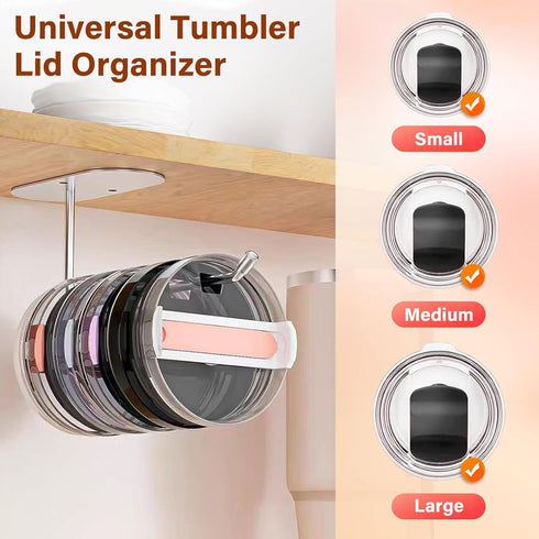 Tumbler Lid Organizer,2 PackTumbler Lid Storage Hook for Yeti/Stanley/Modern Lid Self-Adhesive or Drilling Tumbler Lid Hook Cup Lid Organizers Ins...