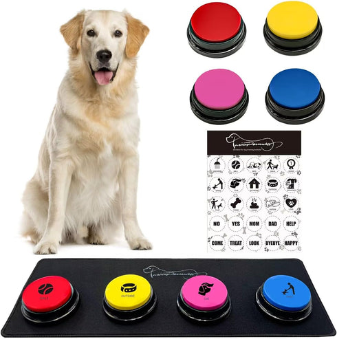 4 Recordable Buttons with Rubber Mat and 25 Stickers - Record and Playback Any Custom Message to Teach Your Dog Voice What They Want...