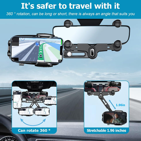 Car Rear View Mirror Phone Holder, 360° Rotatable&Retractable Auto Rearview Clip Mobile Mount Holder, Multifuctional GPS Holder with Anti-Shake De...