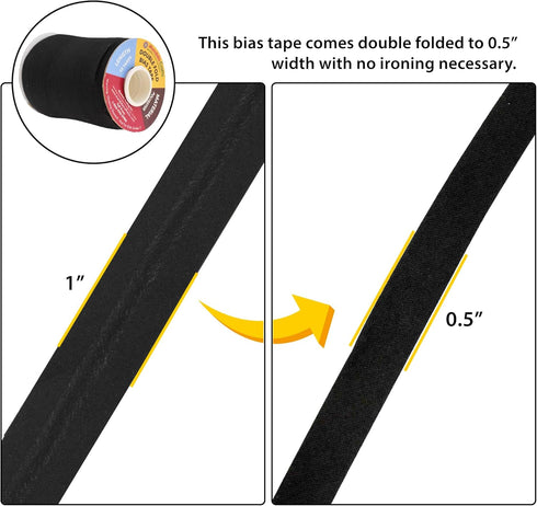 Mandala Crafts Double Fold Bias Tape for Sewing - 55 Yds Black Bias Tape Double Fold 1/2 Inch Hem Quilt Binding Black Seam Binding Tape - Fabric P...