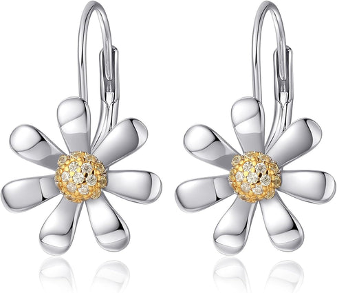 Daisy Earrings 925 Sterling Silver Leverback Drop Dangle Earrings for Women 18K White Gold Plated CZ Trendy Daisy Flower Earrings Jewelry for Sens...