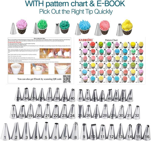 70 Pcs Cake&Cupcake Decorating Supplies Tips kit-48 Numbered Piping Tips & 6 Reusable Pastry bag with Pattern Chart - Flower Nail, Icing Spatula,C...