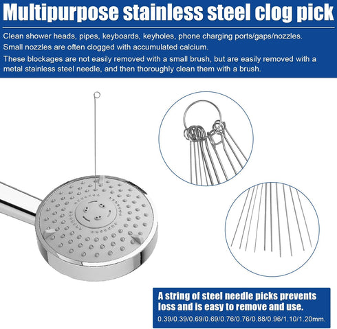 10pcs Shower Head Cleaning Brush, Small Cleaner Tool Hole Cleaning Brush with 10 Stainless Steel Pin Picks Gap Hole Anti-Clogging Cleaning Brush f...