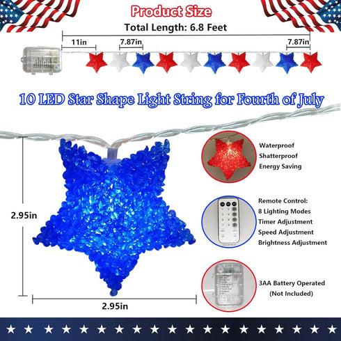 Red White Blue Star Lights 6.8Ft 4th of July Decorations Light 10 LED Star String Lights Battery Operated with Timer, Red White and Blue Light for...