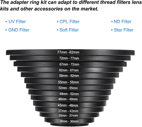 PATIKIL 13pcs Step Up Ring, Camera Lens Filter Adapter Ring Aluminum Filter Ring Adapter Set for Camera Lens Hood, 72-77MM, 77-82MM...