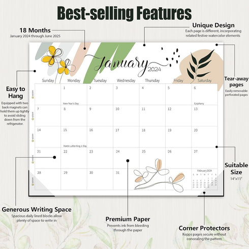 GuassLee Magnetic Calendar 2024-2025 - Magnetic Calendar for Fridge 11 x 14 Inches, Runs from Jan.2024 to Jun.2025, 18 Monthly Calendar Planner fo...