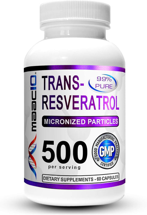 MAAC10 Trans Resveratrol 500mg Supplement (Micronized Pharmaceutical Grade 99% Pure Trans-Resveratrol Extract + BioPerine for Superior Absorption)...