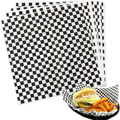 100 Sheets Checkered Dry Waxed Deli Paper Sheets, Paper Liners for Plastic Food Basket, Wrapping Bread and Sandwiches (Black)...