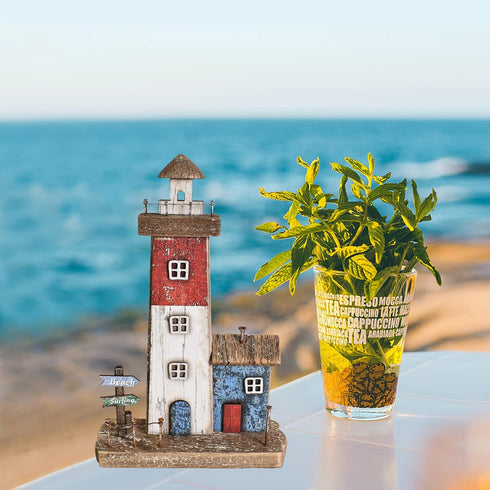 Decorative Lighthouse for Home Decor, 10.16" H Rustic Wood Light House Sculpture Figurine Tabletop Centerpiece Nautical Beach Decorations for Livi...